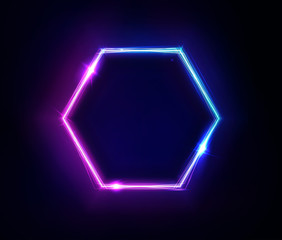 Neon hexagon frame or neon lights sign. Vector abstract background, tunnel, portal. Geometric glow outline hexagon shape or laser glowing lines. Abstract background with space for your text
