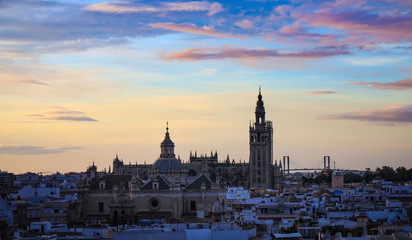 Beautiful of twilight and dusk sky mood at Seville, Spain city and Old Quarter skyline in a sunset sky scene