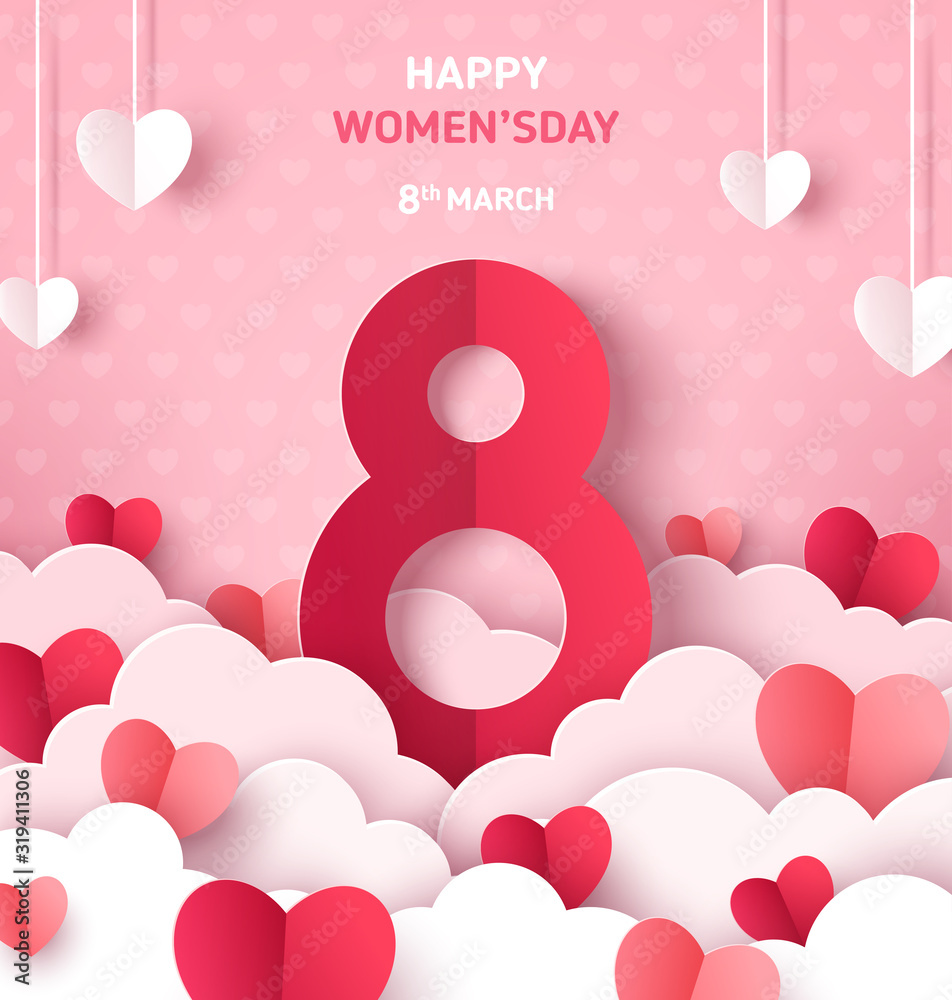 Wall mural Women's Day greeting card or banner with eight sign and paper cut clouds and hearts on pink background. Vector illustration. Place for your text.