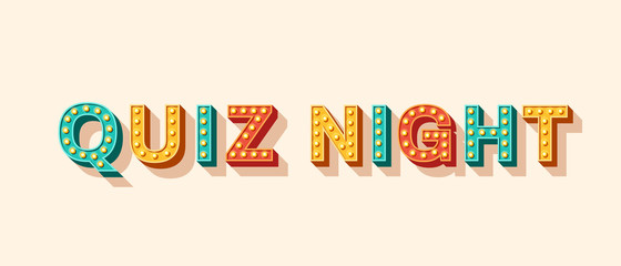 Quiz night banner with retro lettering. Typography 3d font with light bulbs. Casino style text isolated on white background. Fast questions and answers game.