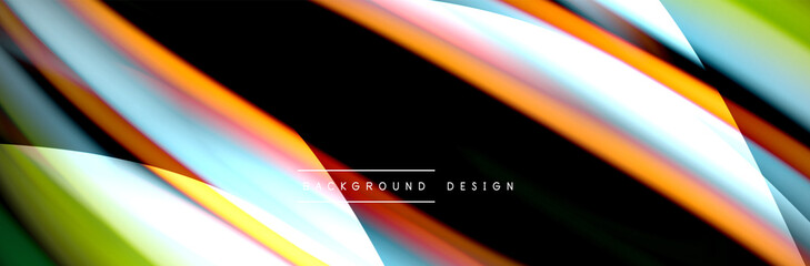 Сolorful flow poster. Wave liquid lines and shapes in black color background. Vector Illustration