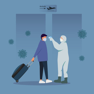 The concept of quarantine coronavirus Coronavirus in China. Remote measurement of the temperature of passengers at the airport. New coronavirus 2019-nKoV, concept of quarantine coronavirus. Vector