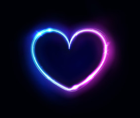 Neon heart sign or frame. Happy Valentine neon lights heart design element. Vector abstract background. Geometric glow outline shape or laser glowing lines. Abstract background with place for text.