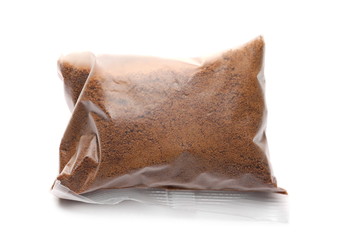 Coconut palm, sugar in plastic wrapping, packaging isolated on white background
