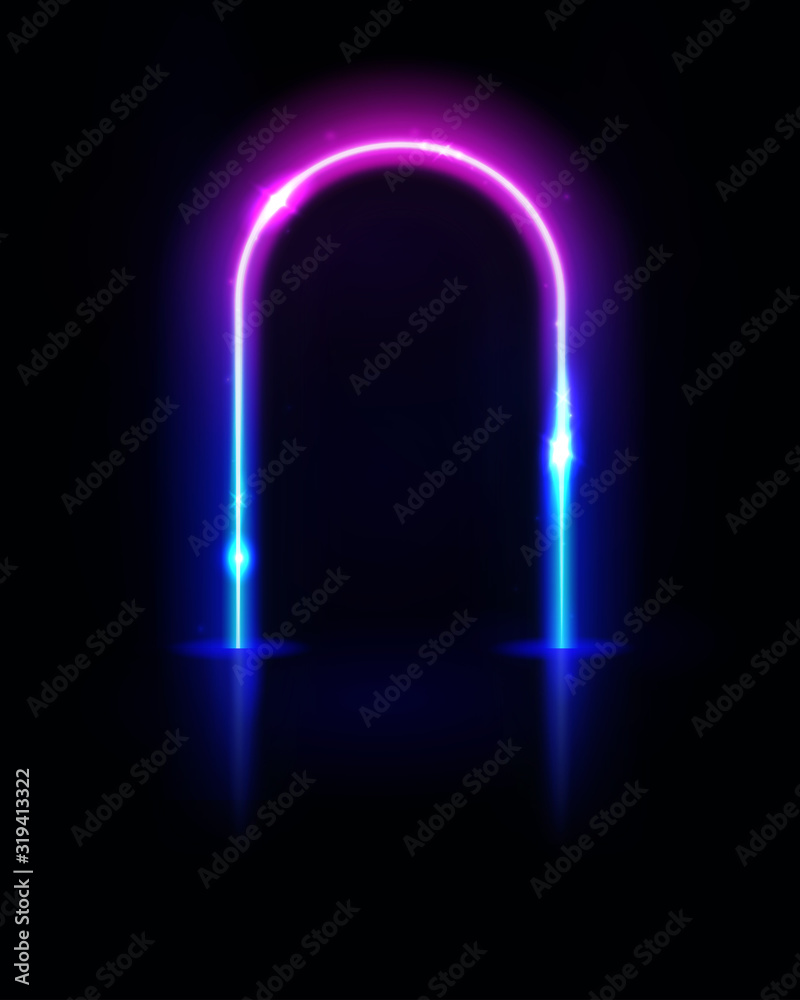 Wall mural Neon arch. Frame, tunnel or portal. Neon lights. Vector abstract background. Geometric glow outline arc shape or laser glowing lines. Abstract background. Virtual reality.