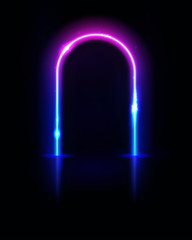 Neon arch. Frame, tunnel or portal. Neon lights. Vector abstract background. Geometric glow outline arc shape or laser glowing lines. Abstract background. Virtual reality.