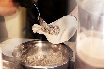 Process of preparing khinkali in a cafe close up