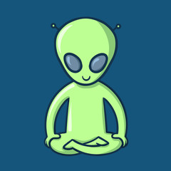 Funny cartoon alien character meditating. Flat vector illustration on blue background.