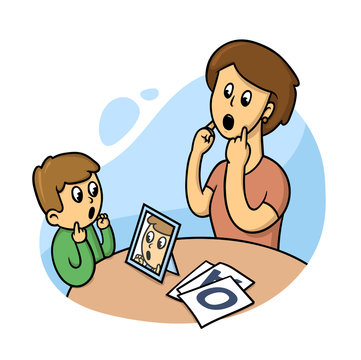 Logopedist with a kid. Speach therapy class. Flat vector illustration, isolated on white background.