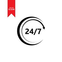 24/7 times icon vector. 24/7 sign open around the clock symbol. Flat design style on white background.