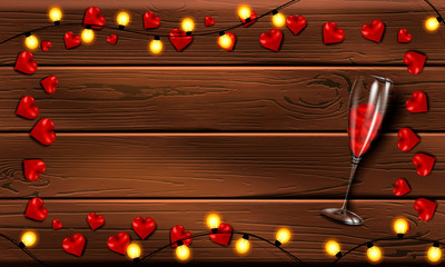 Valentine's day, modern horizontal banner or poster with a yellow garland and  a glass with hearts  on a wooden background with empty space for your design, vector illustration
