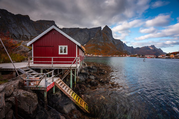 Autumn in Lofoten wiht pretty colours and great light. Norway landscapes with mountains.