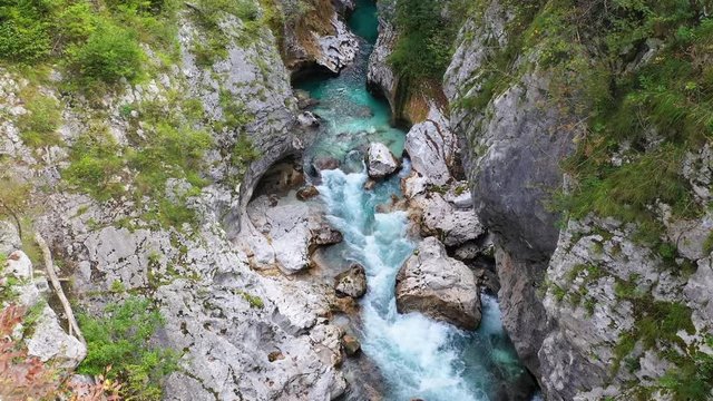 Camera move in canyon Over The Surface Of A Mountain River Soca