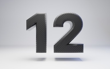 Naklejka premium Black carbon fiber number 12 isolated on white. 3D rendered black glossy carbon font for poster, banner, advertisement, decoration.