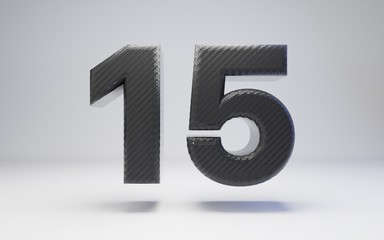 Black carbon fiber number 15 isolated on white. 3D rendered black glossy carbon font for poster, banner, advertisement, decoration.