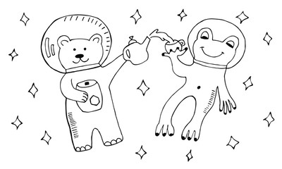 Best friends, animals in space and time to drink tea, bear and frog. Doodle vector illustration.