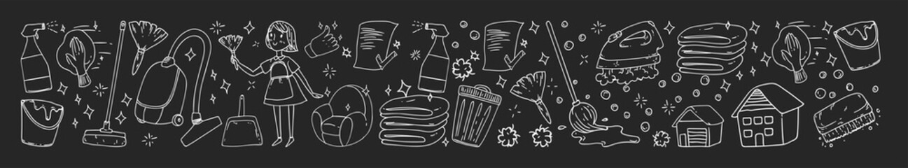 Cleaning services company vector pattern. Icons in doodle style. Painted, black monochrome, chalk pictures on a blackboard.