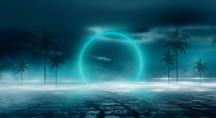 Fotobehang Futuristic landscape, abstract night landscape. Dark horizon Modern futuristic neon abstract background. Large object in the center, space background. Dark scene with neon light.  © MiaStendal