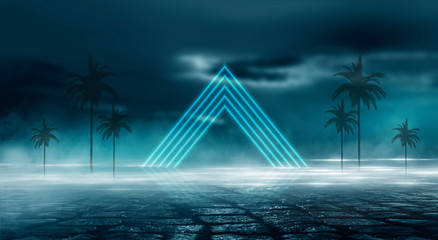 Fototapeta premium Futuristic landscape, abstract night landscape. Dark horizon Modern futuristic neon abstract background. Large object in the center, space background. Dark scene with neon light. 