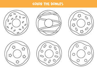 Coloring page of cartoon donuts. Game for kids.
