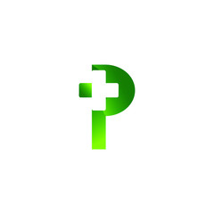 health logo letter P, with a combination design of the letters P  and plus into one logo / symbol that is unique and elegant.grading gradation green.isolated 