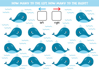 How many whales swim to the right and left. Logical game for kids.