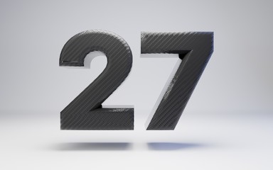 Black carbon fiber number 27 isolated on white. 3D rendered black glossy carbon font for poster, banner, advertisement, decoration.