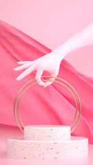 Abstract pastel pink 3d rendering scene with hand, fabric and pedestal. Tie vertical banner template with space for text. Trendy surreal composition.