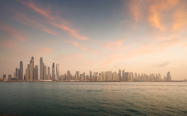 Fototapeta na wymiar skyscrapers in Dubai Marina, sunset time, UAE