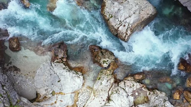 Aerial Vertical View Over The Surface Of A Mountain River Soca