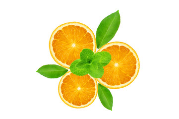 Three orange fresh fruit slices with green leaves and mint herb isolated on the white background