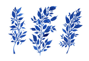 Set of three decorative blue twigs on a white isolated background. Decorative plants with leafs and twigs hand-drawn by gouache. - obrazy, fototapety, plakaty