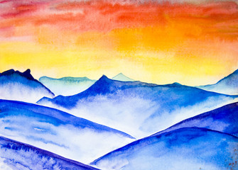 Sunrise in the mountains. Watercolor. Album page
