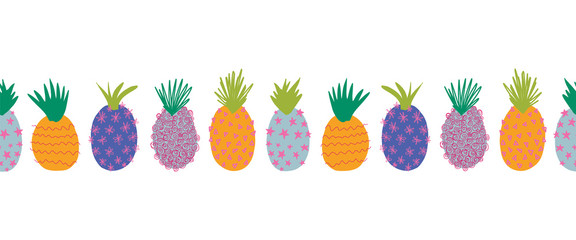 Pineapples abstract seamless vector border. Repeating horizontal colorful pattern border. Hand drawn exotic fruit isolated in cartoon doodle style. Great for fabric trim, summer decoration, footer