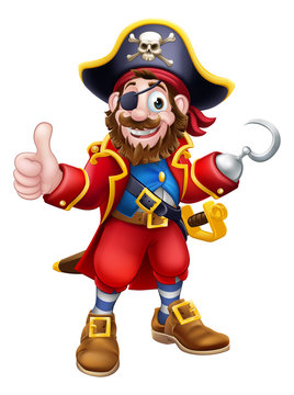Pirate cartoon character captain with skull and crossed bones on his hat, eye patch and hook. Giving a thumbs up.