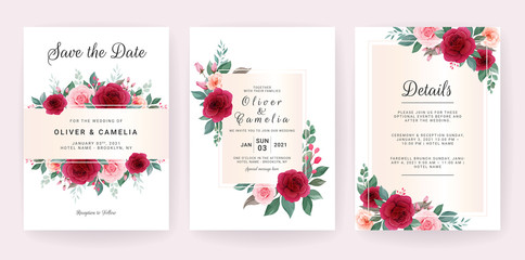 Wedding invitation card template set with floral decoration concept. Rose flower arrangements for save the date, greeting, poster, cover, etc. Botanic illustration vector