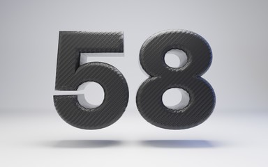 Black carbon fiber number 58 isolated on white. 3D rendered black glossy carbon font for poster, banner, advertisement, decoration.