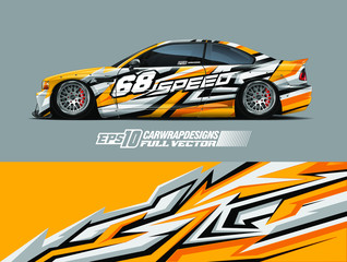 Fototapeta premium Car wrap decal graphic design. Abstract stripe racing background designs for wrap cargo van, race car, pickup truck, adventure vehicle. Full vector Eps 10