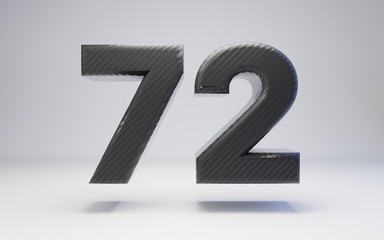 Black carbon fiber number 72 isolated on white. 3D rendered black glossy carbon font for poster, banner, advertisement, decoration.