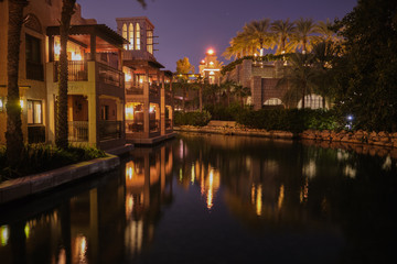 Fototapeta premium Dubai, UAE - November 21, 2019: Area Hotel Jumeirah Al Qasr. Built in the style of the summer residence of the sheikh. Located on a private beach.