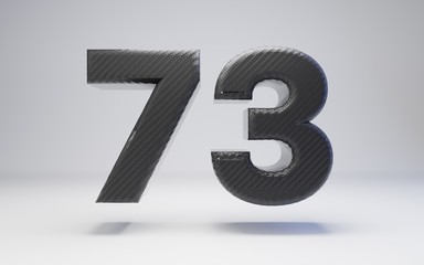 Black carbon fiber number 73 isolated on white. 3D rendered black glossy carbon font for poster, banner, advertisement, decoration.