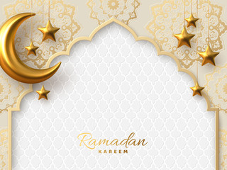 Ramadan Kareem vector card with 3d golden metal crescent and stars. Arabic style arch in beige color with traditional pattern. Copy space. - obrazy, fototapety, plakaty
