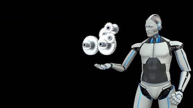 4k Video of humanoid robot with rotating gear wheels. Prores 4444 codec with alpha channel sequence.