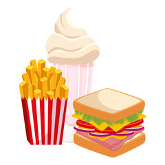 delicious sandwich with milkshake and french fries food isolated icon
