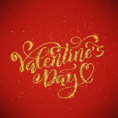 Happy Valentine's Day template for greeting cards, print design, stickers with handdrawn typography. Golden hand lettering over red background. Vector Illustration.