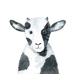 Goat - watercolor illustration isolated on white background. Hand drawn baby goat character, front view. Black and white, monochrome portrait. Print for t-shirts, apparel, posters, clothes.