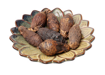 Dried raw betel or areca nut on white background