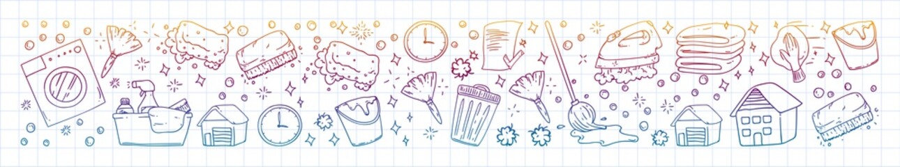 Cleaning services company vector pattern, icons in doodle style. Painted, colorful, gradient, on a sheet of checkered paper on a white background.