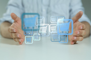 Shopping cart on digital tablet. Shopping online concept..