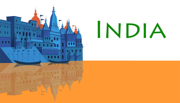 Varanasi Uttar Pradesh, India, Ganges river. Vector Illustration with traditional flag colors